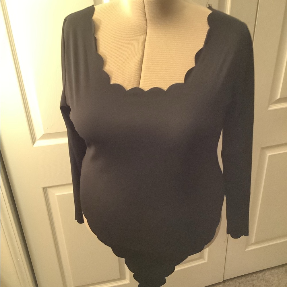 Elegant Black Scalloped Bodysuit